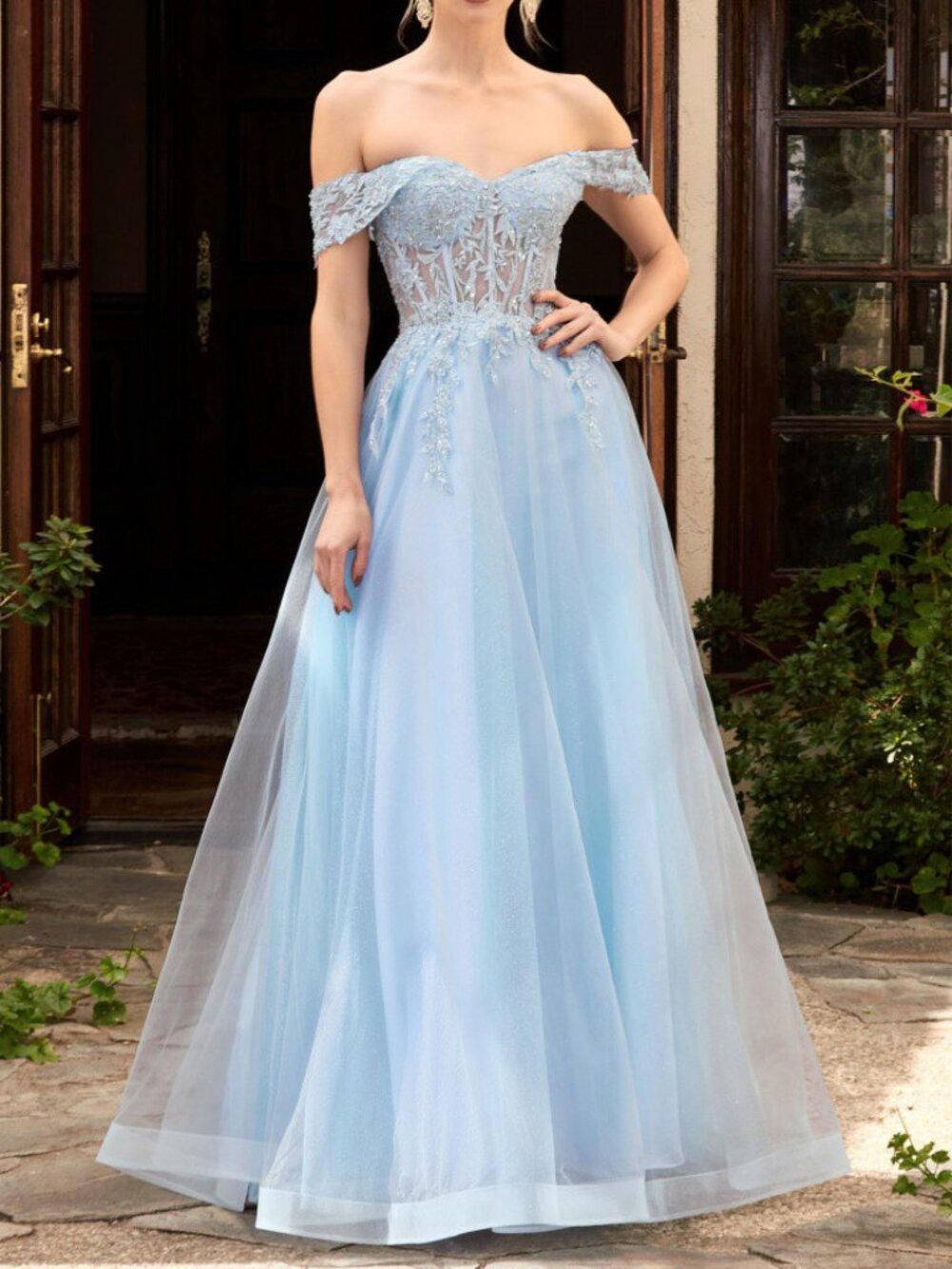 Formal Light Blue Sweetheart Neck Sequin Floral Corset Prom Dress 8